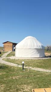 a large white dome tent in a field at Aydar Eco Yurt Camp in Ingichka +15 photos