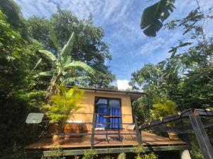a tiny house in the jungle with a porch at Cabañas La Arboleda in La Vega