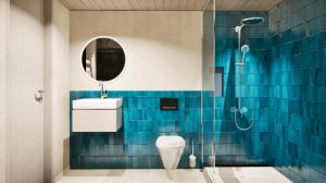 ein Badezimmer mit Toilette und Dusche in der Unterkunft Schiffli - Boutique Apartments - Self Check In in Rapperswil-Jona