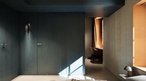 ein Schlafzimmer mit einer blauen Wand und ein Zimmer mit einem Klavier in der Unterkunft Schiffli - Boutique Apartments - Self Check In in Rapperswil-Jona + 2 Fotos