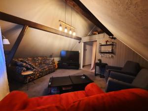 a living room with a couch and a tv at Herzenshaus Sauerland in Diemelsee