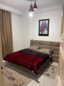 a bed in a bedroom with a red blanket on it at Studio in Ariana