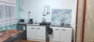 a small kitchen with a sink and a microwave at Cabaña lomas de chaica in Puerto Montt