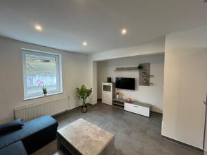 a living room with a blue couch and a tv at Villa Maria in Westerburg