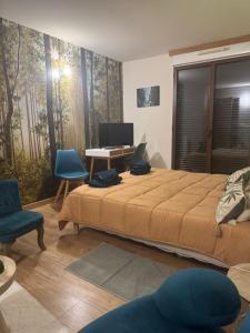 a bedroom with a bed and a desk and chairs at LODGE Site escalade in Saint-Pierre-lès-Nemours
