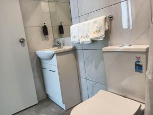 a small bathroom with a toilet and a sink at 2 double and 1 sofa beds Chalet D in Rotorua