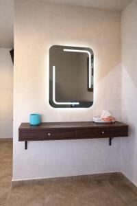 a bathroom with a mirror and a wooden shelf at HOTEL LARIMAR - Valle de Guadalupe in Dinuva
