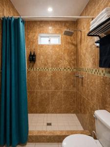 a bathroom with a shower with a blue shower curtain at HOTEL LARIMAR - Valle de Guadalupe in Dinuva +19 photos