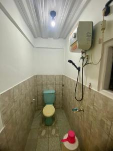 a bathroom with a blue toilet and a shower at PTS Homestay Syariah in Bandung