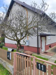 a house with a tree in front of a fence at DAI Apartment in Maribor