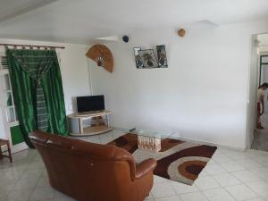 a living room with a leather chair and a television at Haut de Villa Manguier in Petit-Bourg