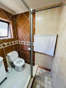 a bathroom with a toilet and a shower at Ruka Manor B&B in Strand +5 photos