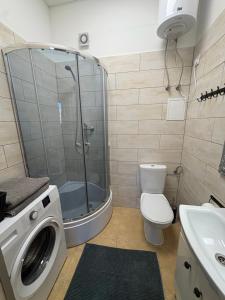 ein Badezimmer mit Dusche, Toilette und Waschmaschine in der Unterkunft Studio Olecko in Olecko + 5 Fotos