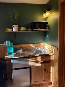a kitchen with a sink and a microwave at Bear creek resort in Thompson Falls
