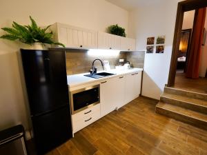 a kitchen with a black refrigerator and white cabinets at Apartmány 13 Přízemí 2 in Seč
