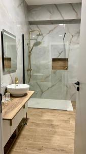 a bathroom with a sink and a glass shower at Ducal Guest House in Vila Viçosa