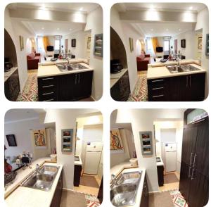 four pictures of a bathroom with two sinks and a living room at GaritsaEegant in Anemómylos
