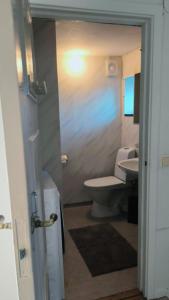 a bathroom with a toilet and a sink at Lilla lugnet in Ystad +13 photos