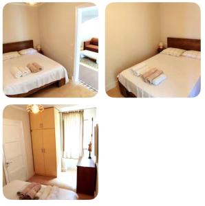 three pictures of a bedroom with two beds and a mirror at GaritsaEegant in Anemómylos