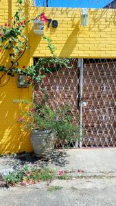 a fence in front of a yellow building with flowers at Espaço Nabucodonosor in Recife