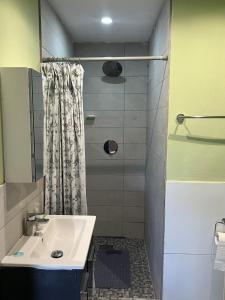 a bathroom with a sink and a shower at Paradise Inn in Laborie +21 photos
