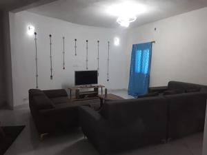 a living room with two couches and a tv at KEUR MAMY DOUSSOU à Ndangane campement in Ndangane