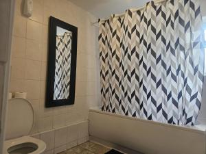 a bathroom with a toilet and a mirror at Seraphic Homes Medway Kent in Gillingham