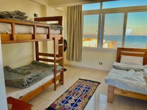 a bedroom with two bunk beds and a window at Tree House Hotel Dahab in Dahab