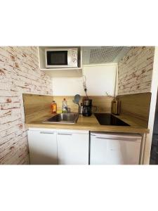 a kitchen with a sink and a microwave at Studio cosy in Valenciennes