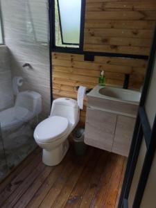 a bathroom with a toilet and a sink and a tub at Glamping las palmas in Nimaima