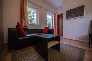 salon z czarną skórzaną kanapą i stołem w obiekcie Villa Lugano w Rovinj