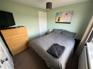 a bedroom with a bed and a flat screen tv at Newport by M4 in Newport