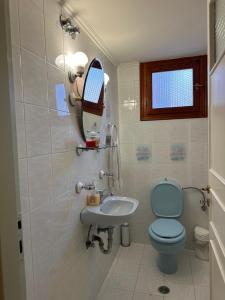 a bathroom with a blue toilet and a sink at Fokiotrypa Seaside Retreat in Marathias +54 photos