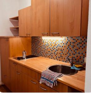 a kitchen with a sink and a tiled wall at Urlaub in den Bergen in Puchberg am Schneeberg +4 photos
