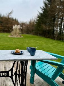 a blue picnic table with a plate of food on it at Forest Path Apartment Quiet Countryside Retreat with Sauna, Sleeps 4 in Ballynahinch +25 photos