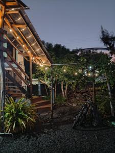 a pergola with lights and a bench in front of a house at Amplio Apartamento en San Cristóbal con AC, Casa Oasis Galápagos in Puerto Baquerizo Moreno