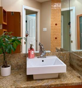 a bathroom with a white sink and a mirror at Private Ensuite Room Near YVR Airport Vancouver West in Vancouver +37 photos