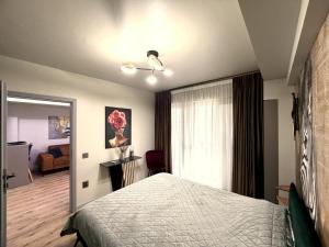 a bedroom with a bed and a room with a window at Fly & Stay Otopeni Airport - Self Check-in in Otopeni