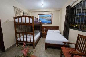 a bedroom with a bunk bed and a bed and a ladder at Alojamiento El Cardenal in Iquitos