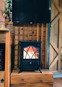 a stove with a television inside of it at Diamond Cabin in the Forest | Hot Tub | AC | Fire Pit in Gonçalves