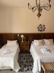a bedroom with two beds and a chandelier at Pousada Vó Iris - Tiradentes Mg in Tiradentes