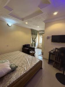 a bedroom with a bed and a couch and a tv at CEO Da Gracia Hotel, Irewon, Ijebu Ode in Ijebu Ode
