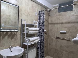 a bathroom with a sink and a toilet and a shower at Valicha Casa Hotel in Cusco +75 photos