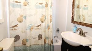 a bathroom with a shower curtain with birds on it at Shell Shack in Villas +24 photos