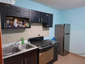 a kitchen with a stove and a sink and a refrigerator at Mi casa in Ciudad Juárez