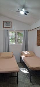 zwei Betten in einem Zimmer mit Deckenventilator in der Unterkunft Jean Homestay in Siquijor