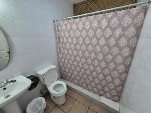 a bathroom with a toilet and a sink and a shower curtain at Hotel la Ermita in Las Victorias