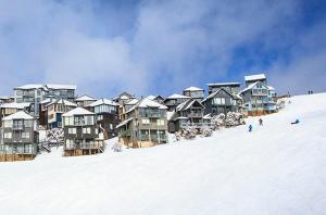 a group of houses on a snow covered slope at Cobungra Chalet in Mount Hotham