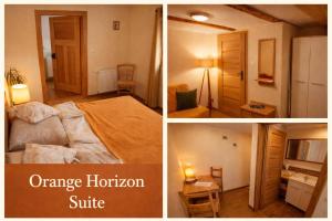 three pictures of a bedroom and a room with a bed and a table at Dom na Przedgórzu-Spokojny pobyt blisko górskich tras in Świeradów-Zdrój