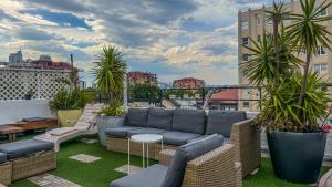 a patio with couches and potted plants on a roof at Tequila Sunrise Potts Point in Sydney